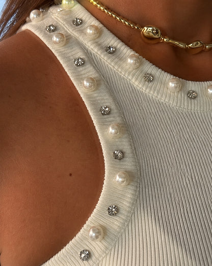 Women's Pearls Rhinestone Knit Racerback Tank Top Ribbed Crewneck Sleeveless Top