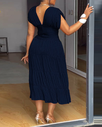 Textured V Neck Sleeveless Ruched Ruffles Hem Dress Casual Waist A Line Party Midi Dress