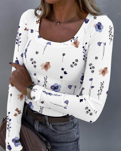 Women's Floral Print Ribbed Long Sleeve Top U-Neck Slim Fit Tee