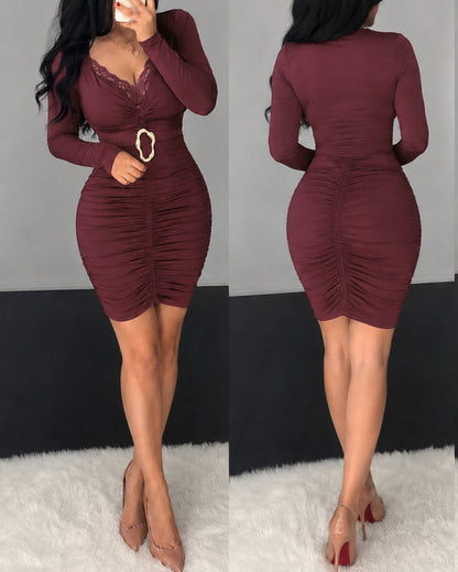 Women's Ruched Gold Ring Bodycon Dress Lace Spliced Deep V Neck Long Sleeve Mini Party Dress