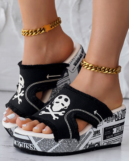 Newspaper Buckled Denim Wedge Slippers