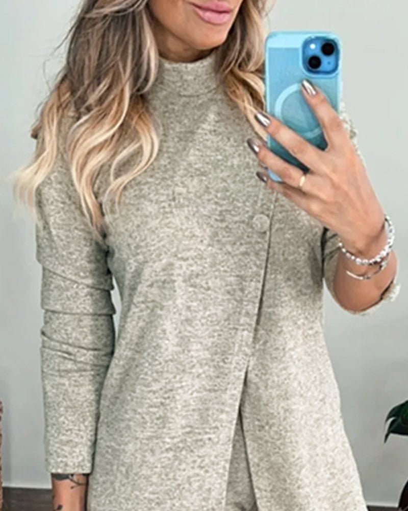 2 Pieces Outfit Mock Neck Long Sleeve Button Decor Slit Mid-Length Top and Stretchy Drawstring High Waist Slim Fit Pants Set