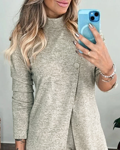 2 Pieces Outfit Mock Neck Long Sleeve Button Decor Slit Mid-Length Top and Stretchy Drawstring High Waist Slim Fit Pants Set