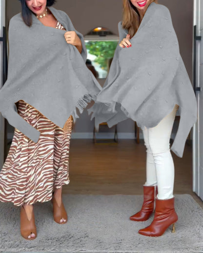 Tassel Design Long Sleeve Slit Cardigan Fashion Versatile Warm Cape Shawl