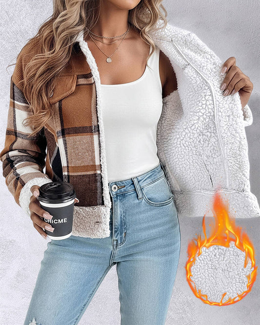 Vintage Plaid Print Corduroy Spliced Turn-down Collar Button Front Thermal Lined Jacket Casual Flap Detail Faux Shearling Trim Crop Warm Coat