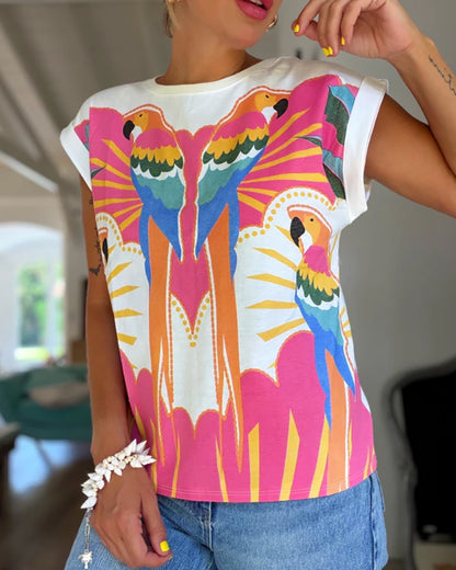 Colorblock Parrots Print O-neck Short Sleeve Tee Casual Rolled Cuffs Top