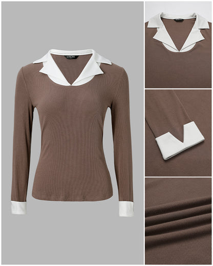 Women's Contrast Lapel Collar Faux Two-Piece Knit Top Long Sleeve Slim Fit Top