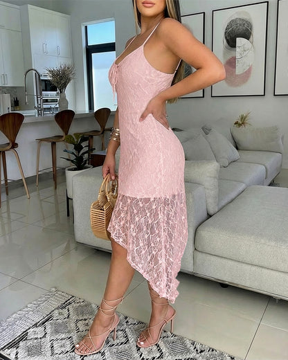 V-Neck Adjustable Spaghetti Straps Tie Front Asymmetrical Hem Dress Casual Hollow-out Front Backless Textured Lace Overlay Party Dress
