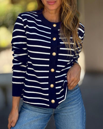 Women's Striped Knit Cardigan Casual Crewneck Button Down Sweater Vintage French Style Long Sleeve Top