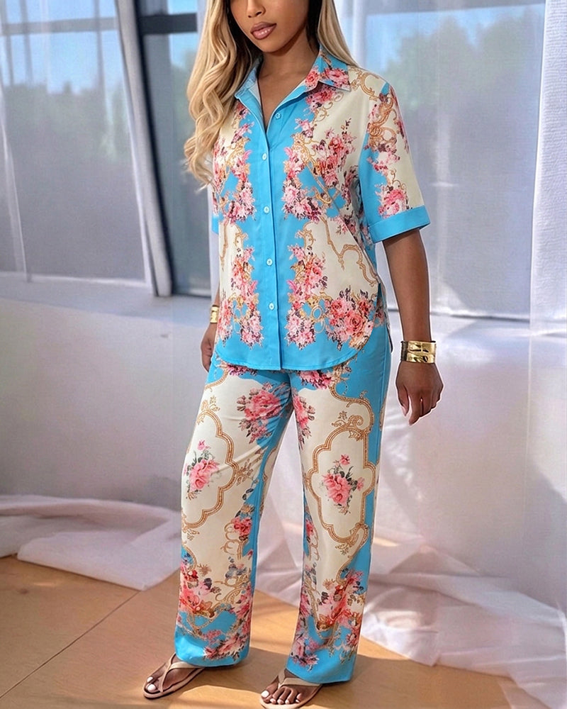 Women's Palace Style Vintage Floral 2 Piece Outfits Button Down Shirt and High Waisted Wide Leg Pants Set with Pockets