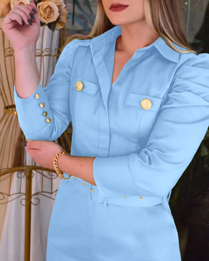 Turn-down Collar Long Sleeve Button Decor Front Slit Slim Fit Mid-Calf Dress Work Bodycon