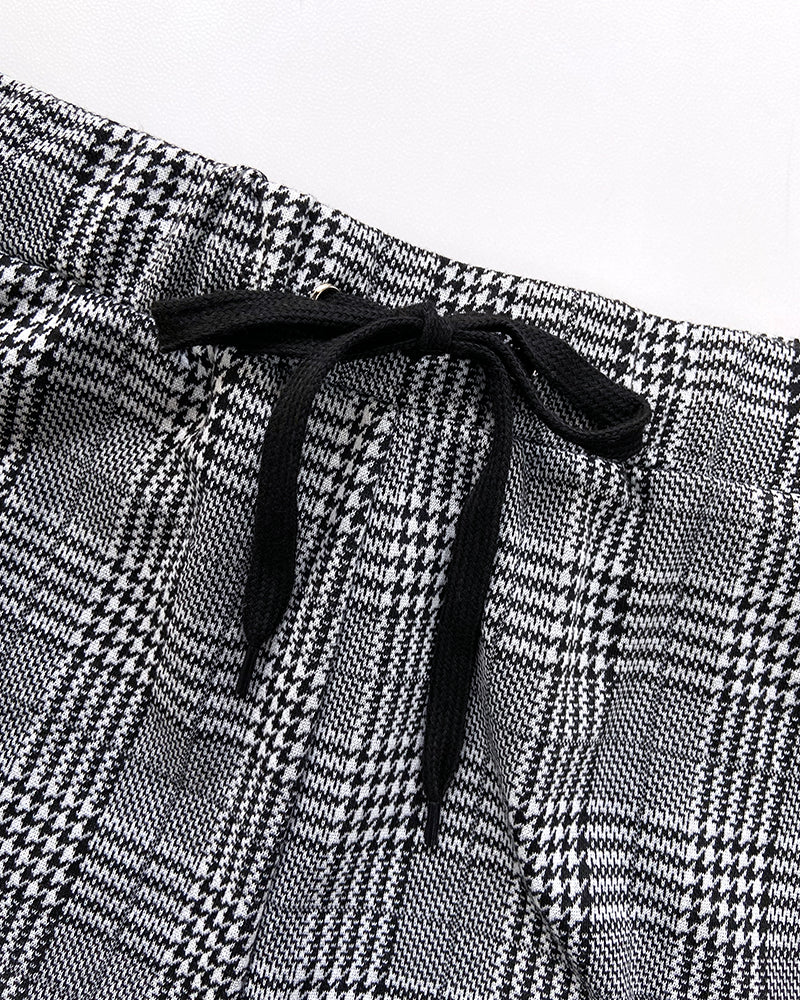 2 Piece Blazer Notched Collar Plaid Print Coat Drawstring Pants Set With Pockets Casual Suits