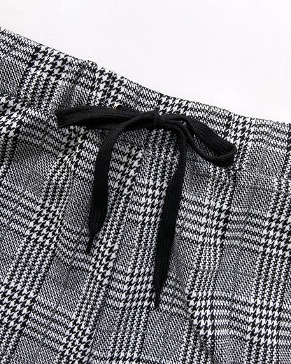 2 Piece Blazer Notched Collar Plaid Print Coat Drawstring Pants Set With Pockets Casual Suits