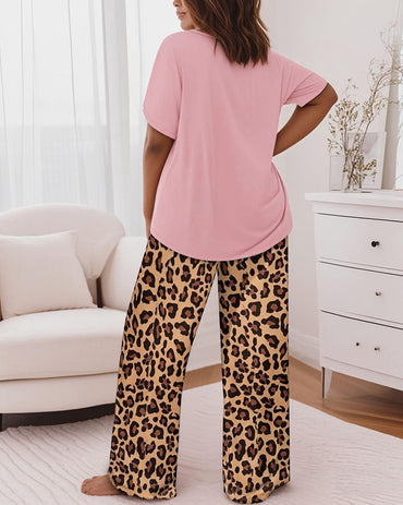 2 Pieces Outfit Letter Print & Leopard Heart Pattern Short Sleeve Top and Leopard Print Elastic Waist Pants Set Casual Pajamas Set