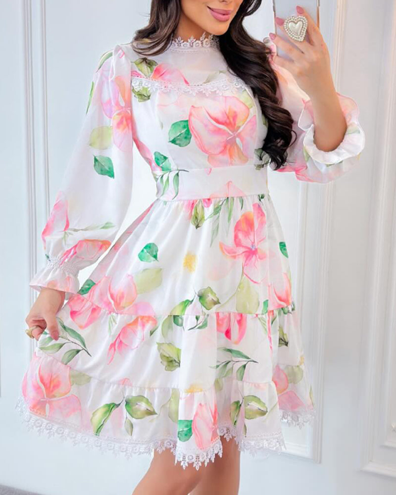 Floral Print Long Sleeve Lace Splicing Casual Cinched Waist Dress