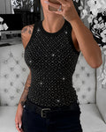 Women's Rhinestone Argyle Pattern Ribbed Tank Top Slim Fit Top