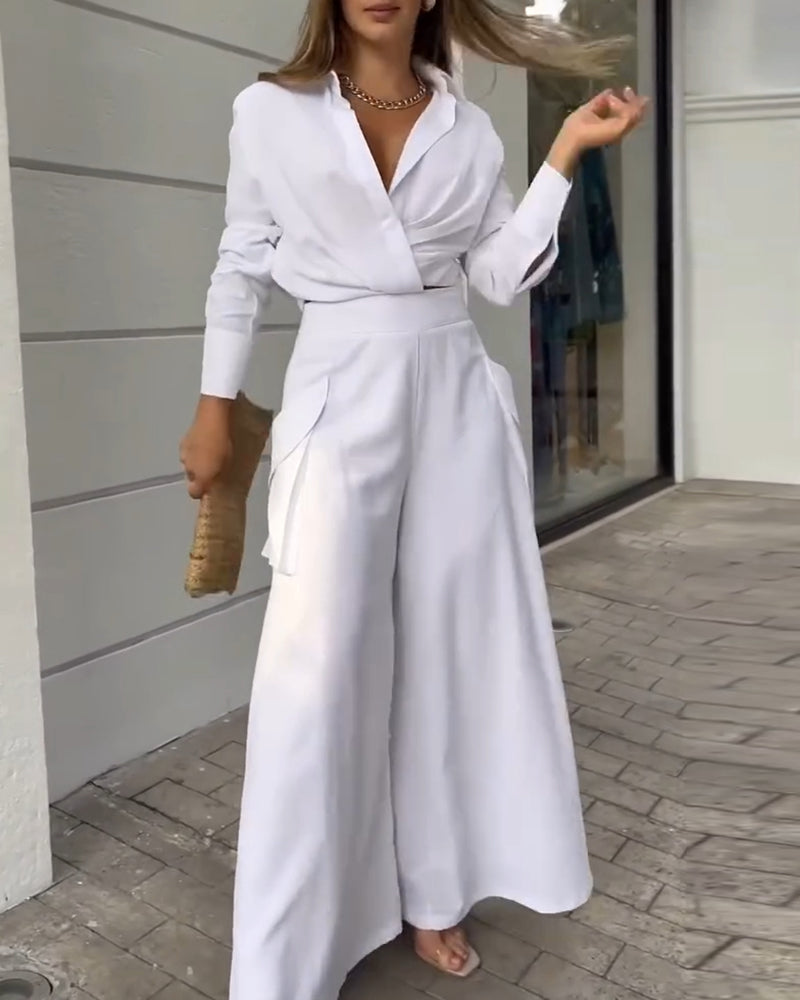 Ruched Long Sleeve Shirt & Wide Leg Asymmetrical Pants Set