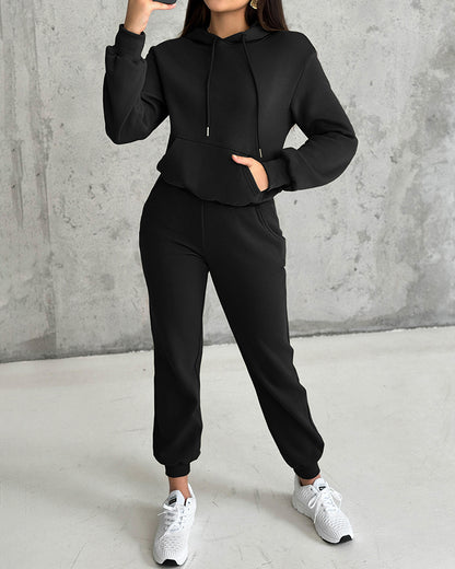 2 Pieces Outfit Kangaroo Pocket Thermal Lined Drawstring Hoodie Sweatshirt and Casual Elastic Waist Cinched Ribbed Cuffs Sporty Sweatpants Set