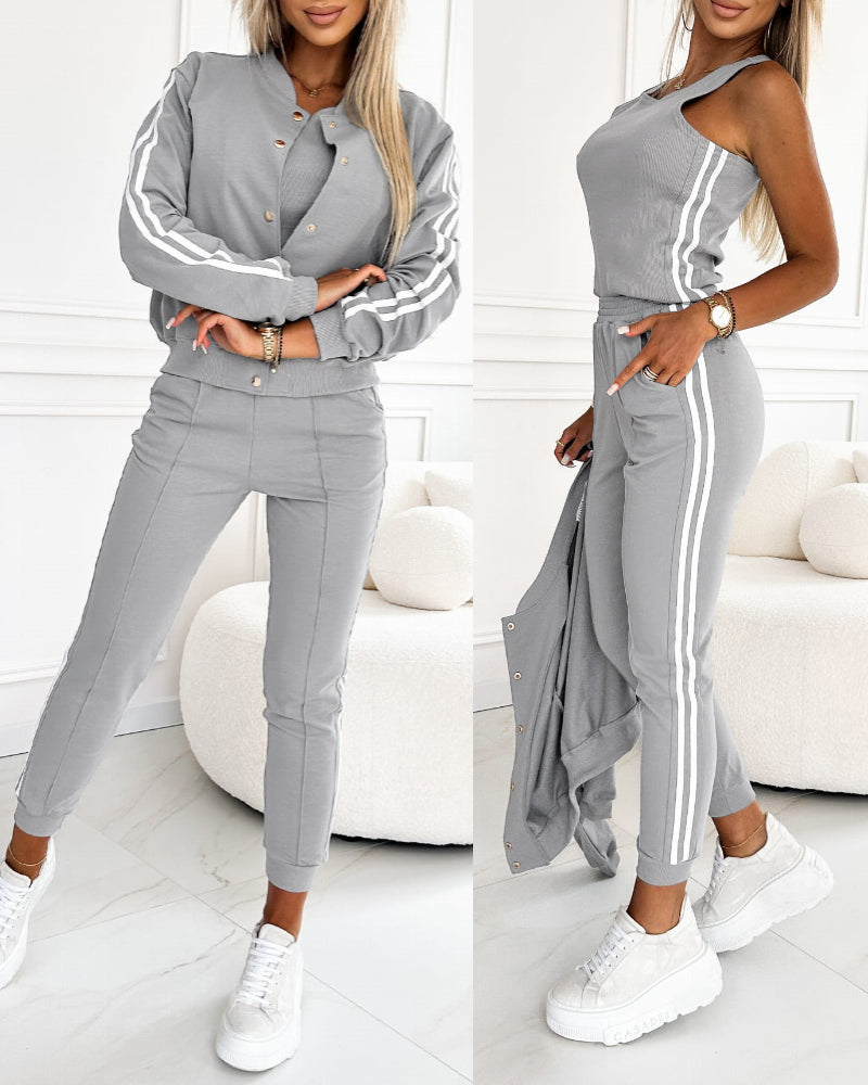 3 Pieces Outfit Snap Buttons Front Coat and Elastic Waist Seam Front Stretchy Cuffs Pants Set with Tank Top Casual Contrast Side Striped Tracksuit