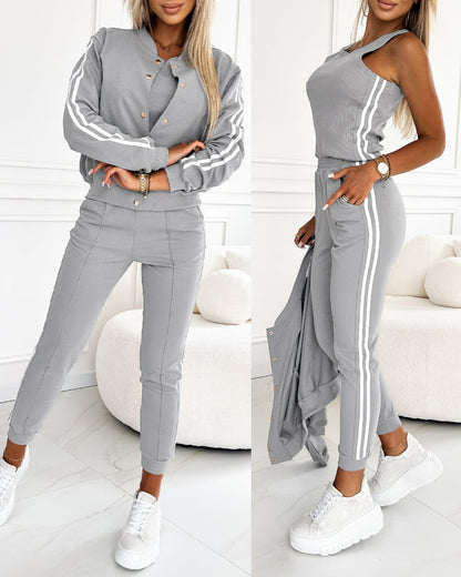 3 Pieces Outfit Snap Buttons Front Coat and Elastic Waist Seam Front Stretchy Cuffs Pants Set with Tank Top Casual Contrast Side Striped Tracksuit