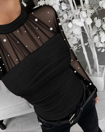 Pearls Decor High Neck Sheer Mesh Spliced Ruched Tee Hollow-out Back Slim Fit Textured Top