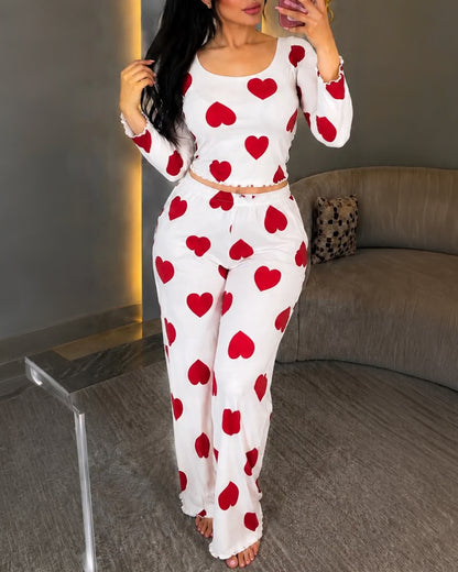 Women's Heart Print Pajama Set Backless Tied Detail Crop Top and High Waist Straight Leg Pants