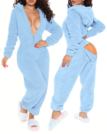 3D Ear Buttoned Flap Functional Fluffy Lounge Jumpsuit