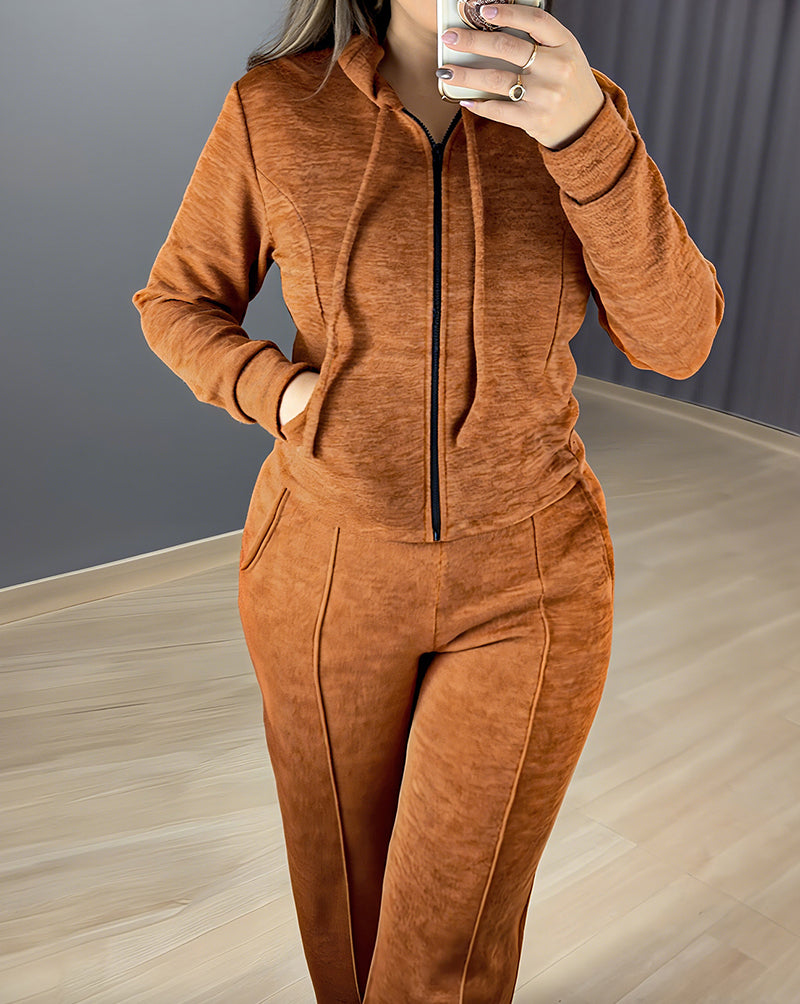 2 Pieces Outfit Long Sleeve Zip Up Drawstring Hoodie Coat and Casual Elastic Waist Seam Front Straight Leg Pants Set