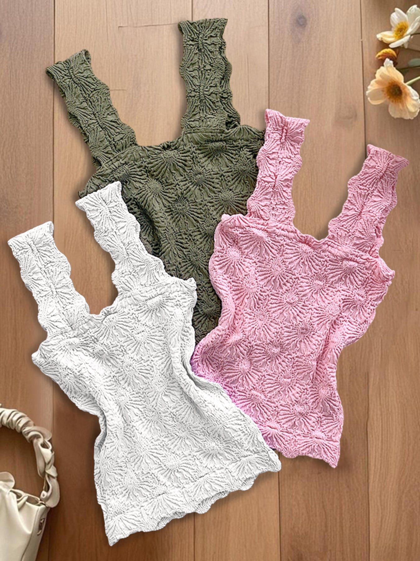 3-Pack Wide Strap Tank Tops Lettuce Trim Cami Tops with Floral Jacquard