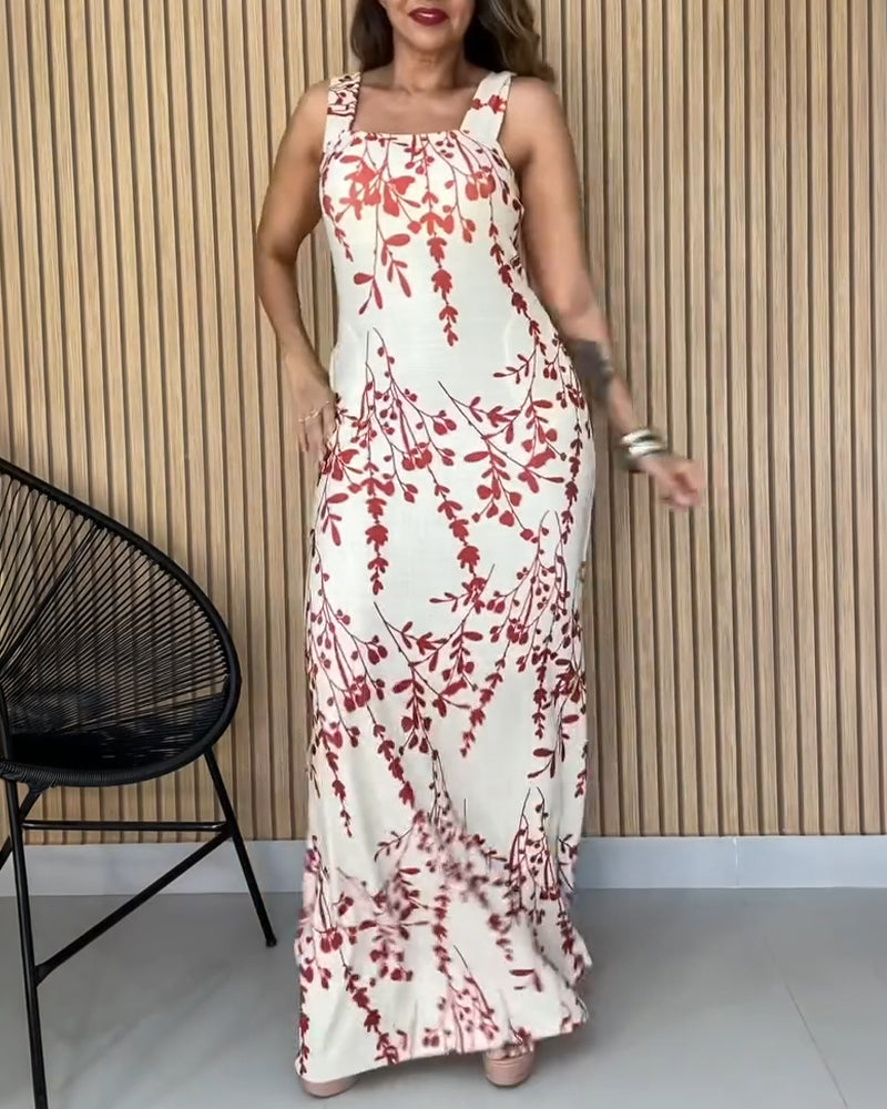 Plants Print Square Neck Thick Strap Slim Fit Maxi Dress Elegant Backless Vacation Dress
