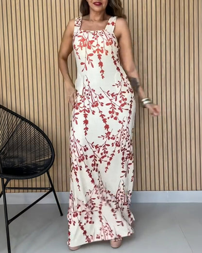 Plants Print Square Neck Thick Strap Slim Fit Maxi Dress Elegant Backless Vacation Dress