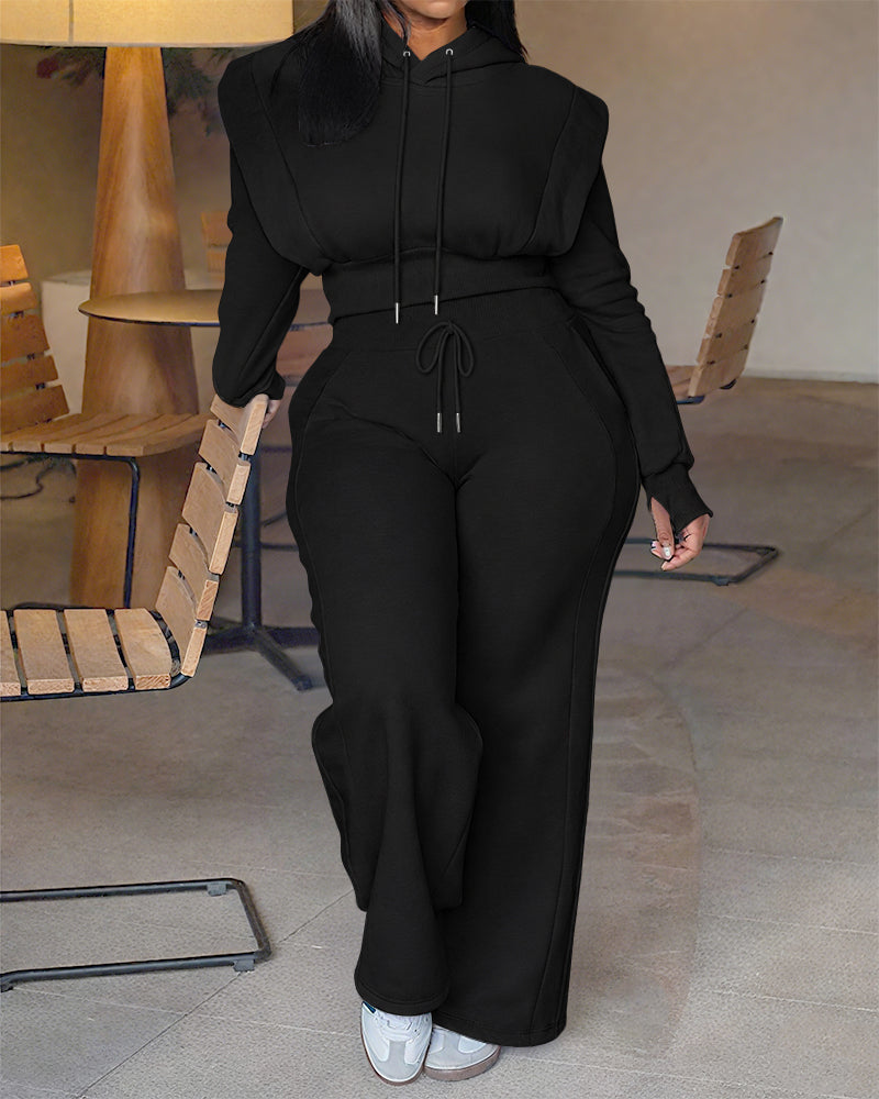 2-teiliges Outfit, langärmliges, kurzes Kapuzenpullover-Sweatshirt mit Kordelzug, Bündchen mit Daumenlöchern und lässigem Jogginghosen-Set mit Kordelzug und elastischer Taille mit weitem Bein 