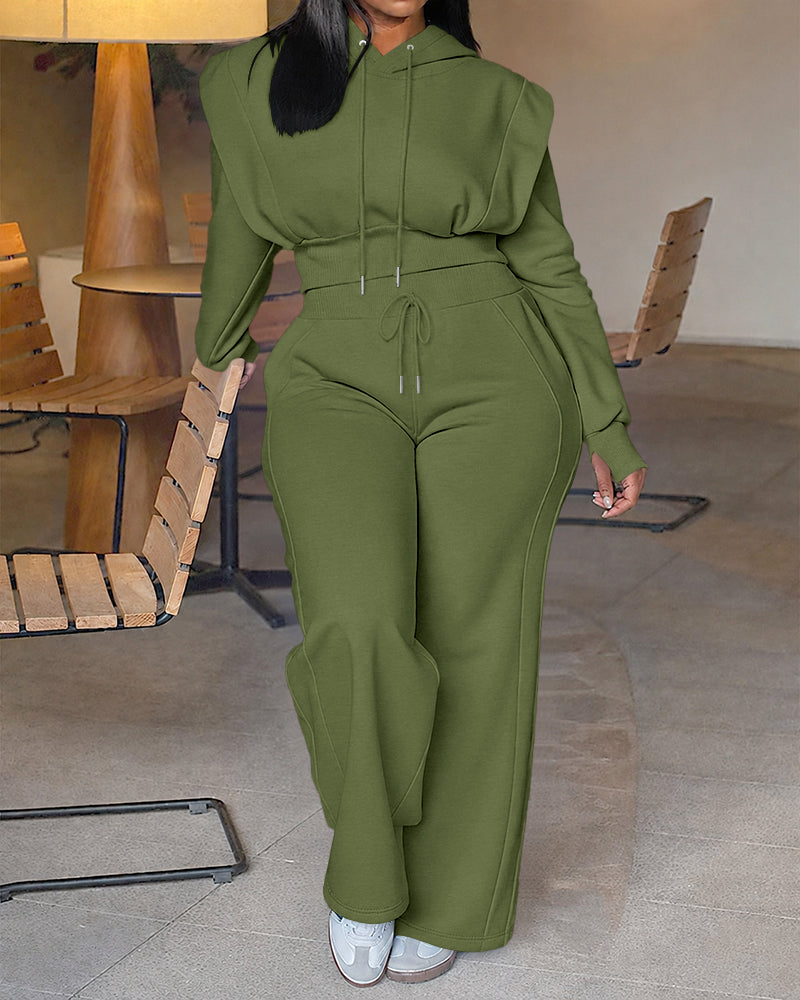 2-teiliges Outfit, langärmliges, kurzes Kapuzenpullover-Sweatshirt mit Kordelzug, Bündchen mit Daumenlöchern und lässigem Jogginghosen-Set mit Kordelzug und elastischer Taille mit weitem Bein 