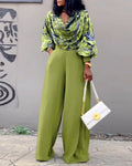 2 Pieces Outfit Abstract Print Cowl Neck Lantern Sleeve Stretchy Hem Crop Top and Casual Zipper Side Ruched Wide Leg Pants Set