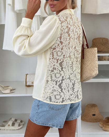 Women's Mandarin Collar Satin Puff Sleeve Blouse Floral Lace Back Panel Top