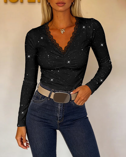 Women's Sparkle Glitter V Neck Long Sleeve Top Ruched Lace Trim Tee