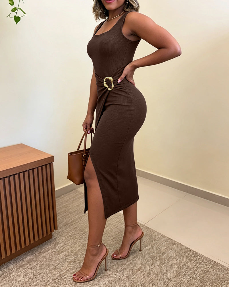 Women's U-Neck Sleeveless Ribbed Midi Dress Gold Buckle Side Twist Slit Bodycon Tank Dress