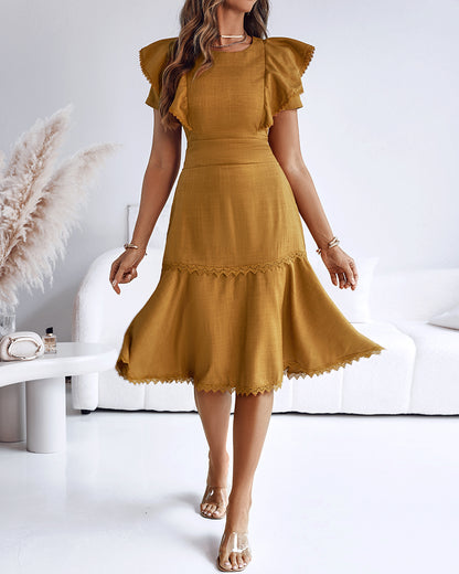 Butterfly Sleeve Hollow-out Back Shirred Work Dress Casual Cinched Waist Lace Trim Ruffle Hem Dress
