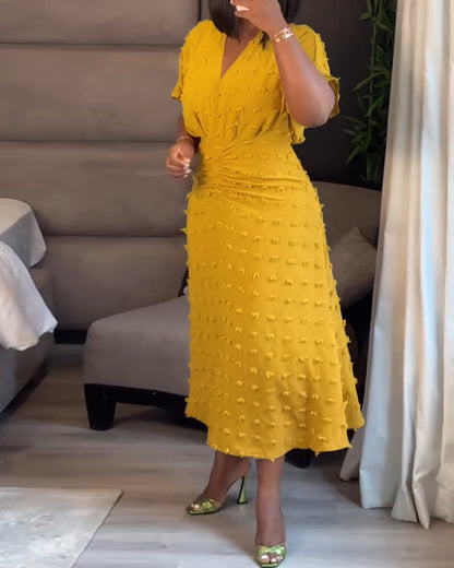 Swiss Dot V Neck Short Sleeve Dress Casual Ruched Waist Midi Dress