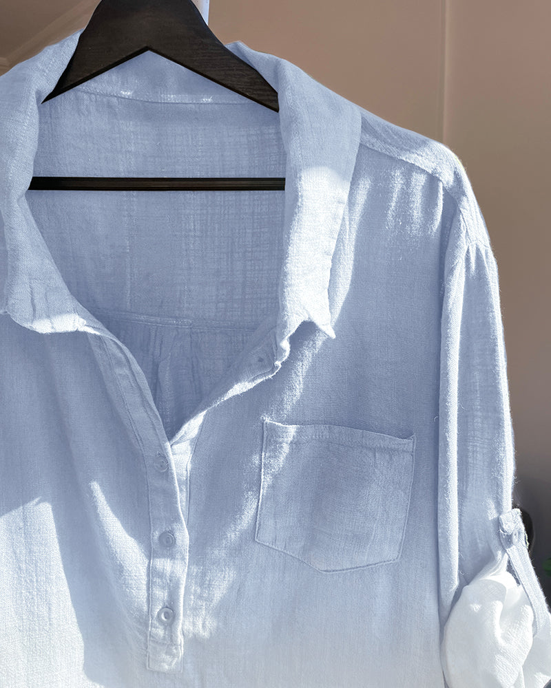 Ombre Turn-down Collar Roll Up Sleeve Half Button Front Shirt Casual Pocket Design Loose Fit Top