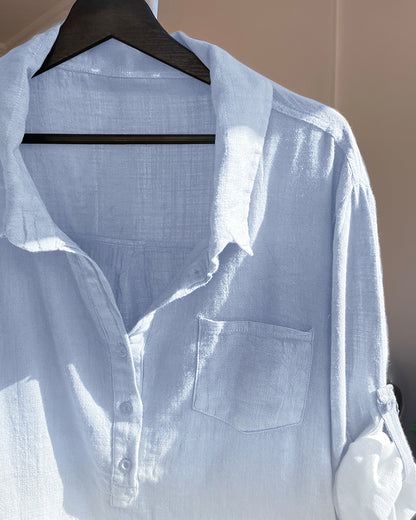 Ombre Turn-down Collar Roll Up Sleeve Half Button Front Shirt Casual Pocket Design Loose Fit Top