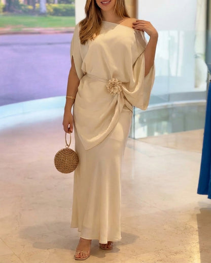 2 Pieces Outfit Skew Neck Batwing Sleeve Asymmetrical Hem Top and High Waist Zipper Side Mermaid Hem Maxi Skirt Set Elegant Satin Evening Set with 3D Flower Decor Belt