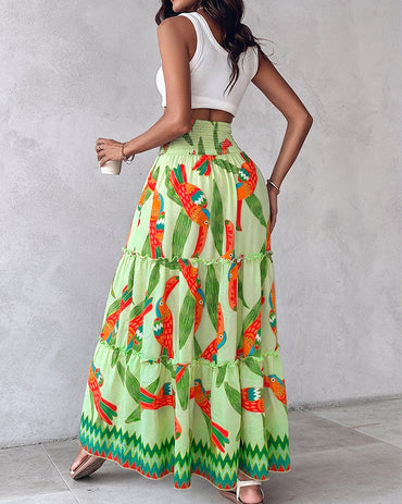 Women's Tropical Toucan Maxi Skirt Shirred High Waist Ruffle Boho Skirt Flowy A-Line Skirt with Pockets