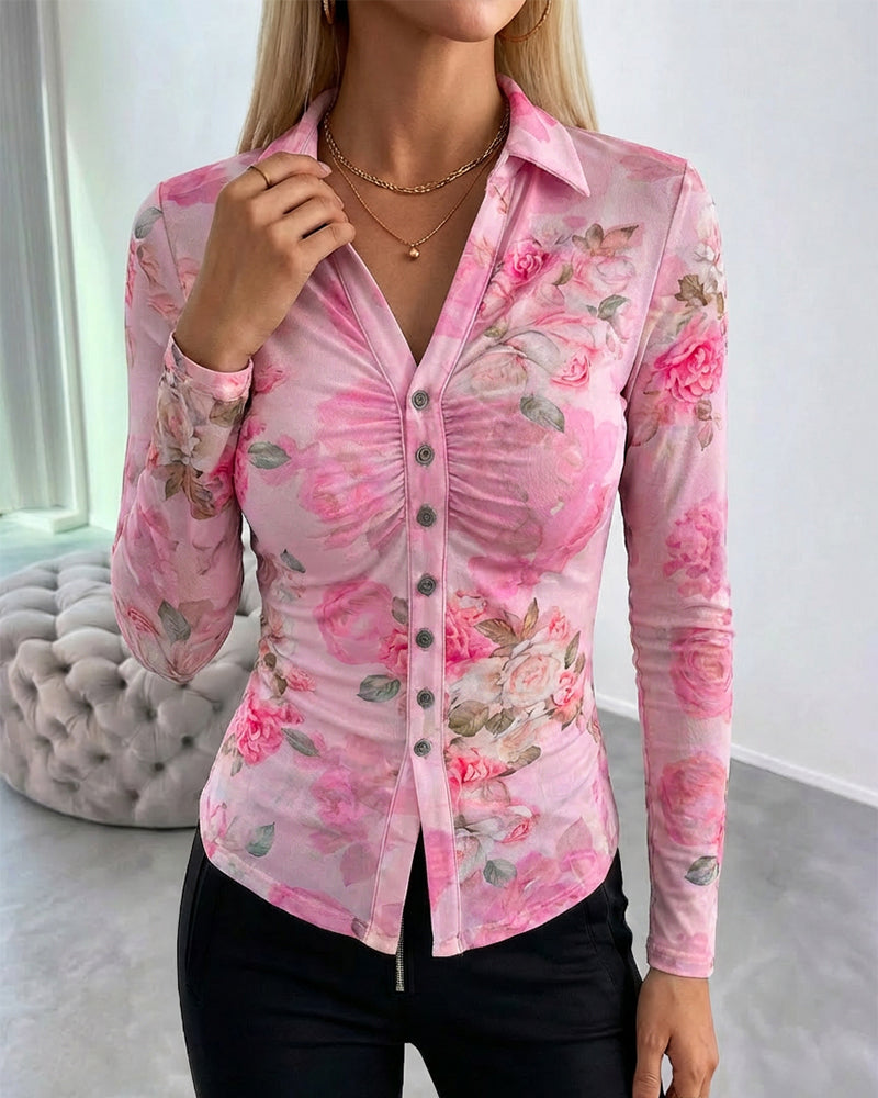 Floral Print Turn-down Collar V-Neck Button Front Shirt Slim Fit Long Sleeve Ruched Sheer Mesh Top with Lining