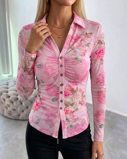 Floral Print Turn-down Collar V-Neck Button Front Shirt Slim Fit Long Sleeve Ruched Sheer Mesh Top with Lining