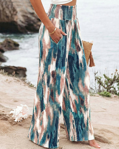 Tie Dye Print High Wait Elastic Waist Pleated Wide Leg Pants