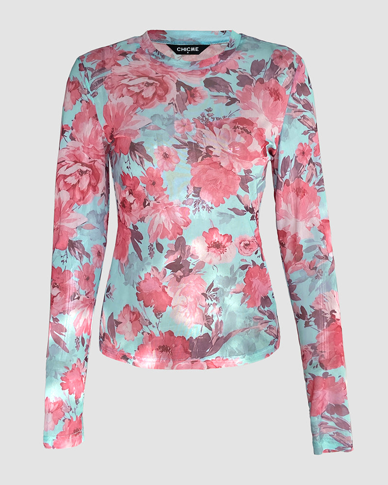 Watercolor Floral Print O-neck Long Sleeve Mesh Tee Slim Fit Semi Sheer Layering Top with Thumb Hole Cuffs