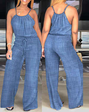 Womens Spaghetti Strap Drawstring Tied Waist Jumpsuit Casual Overalls