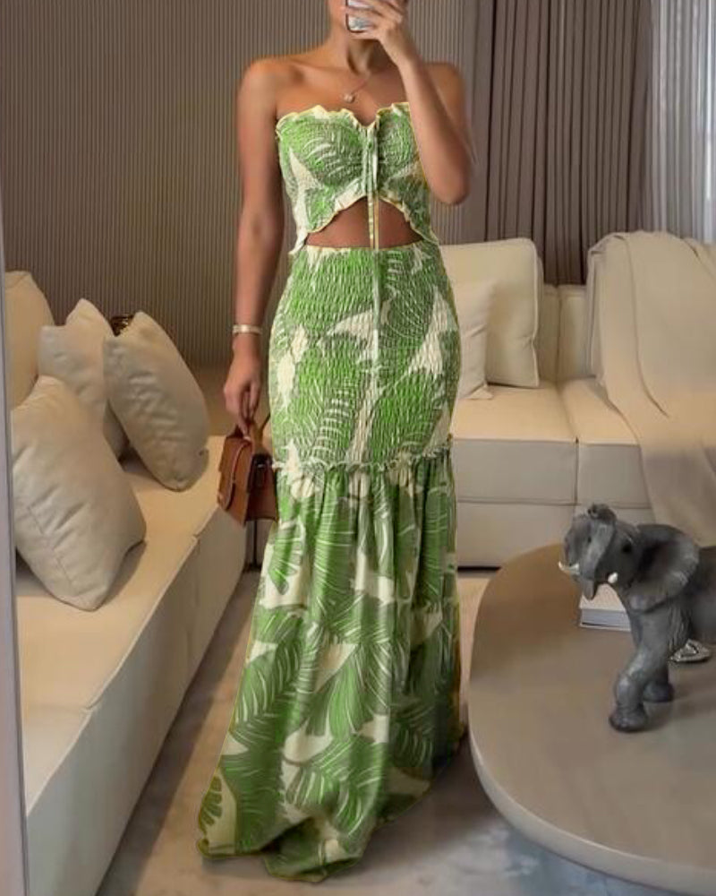 Tropical Print Halter Tie Shirred Frill Trim Cinched Waist Vacation Dress Ruched Cutout Front Slim Fit Ruffle Hem Mermaid Dress