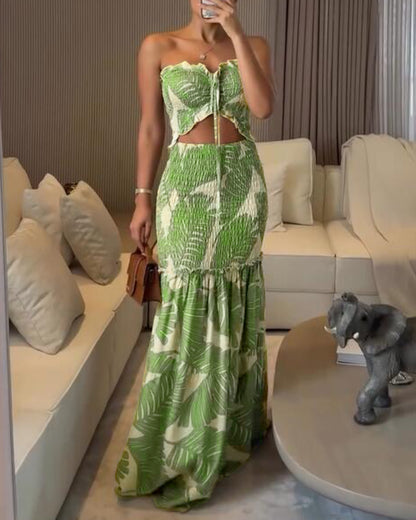 Tropical Print Halter Tie Shirred Frill Trim Cinched Waist Vacation Dress Ruched Cutout Front Slim Fit Ruffle Hem Mermaid Dress